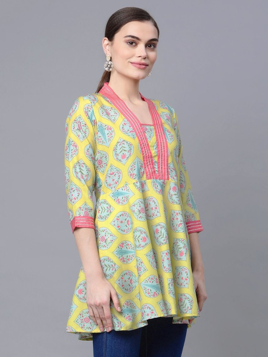 Ahalyaa Women Cotton Blend Lemon Yellow Digital Printed Tunic | Grocsy