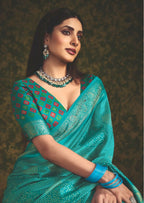 Joban Fashion Sea Green Velvet Tussar Silk with Foil Print Saree | Grocsy