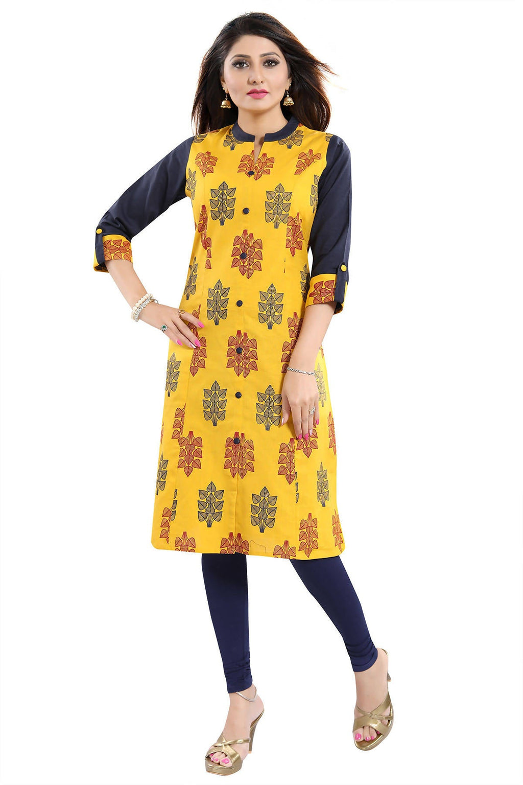 Snehal Creations Luscious Lemon Yellow Shirt Style Cotton Printed Tunic | Grocsy