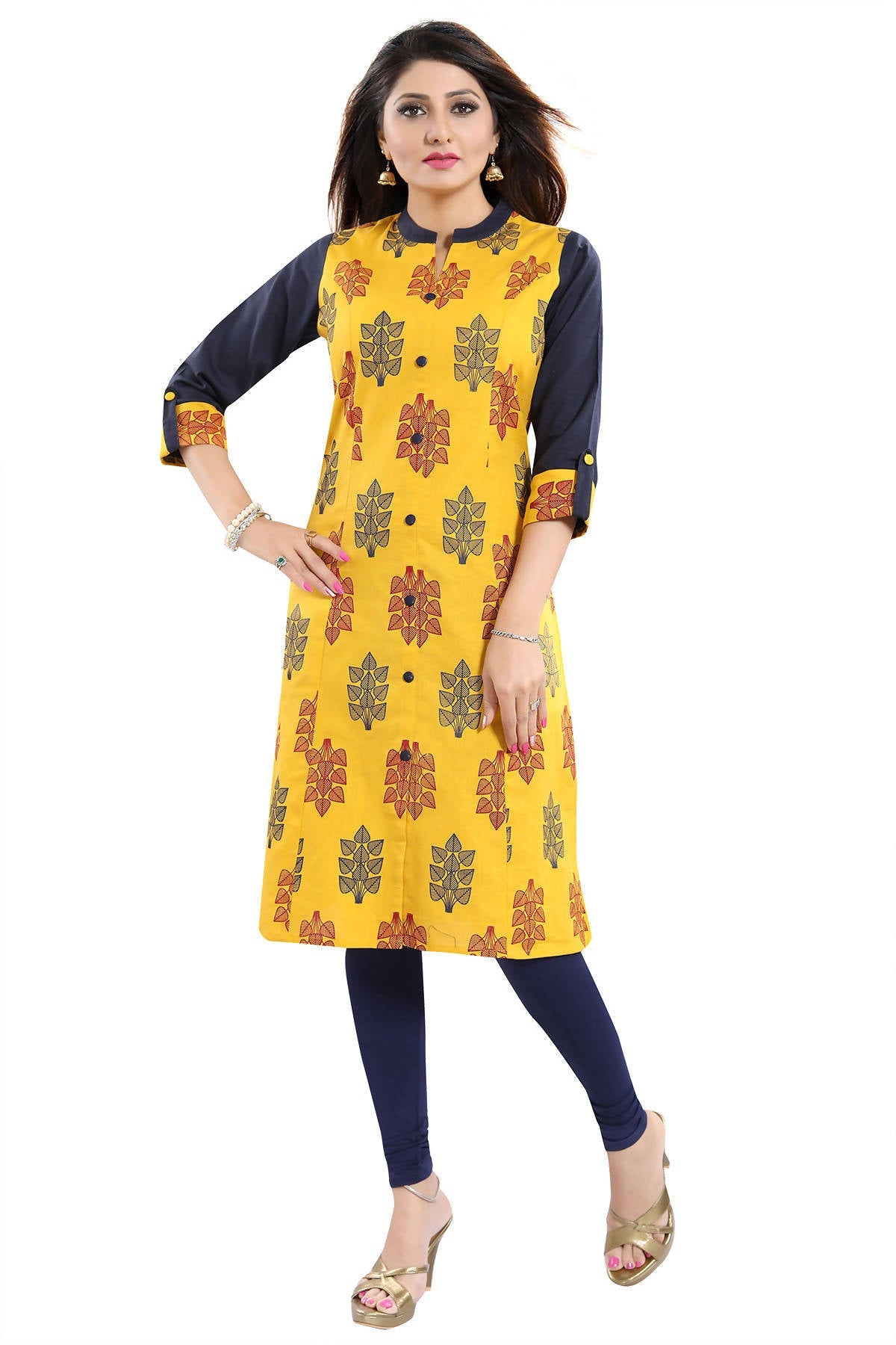 Snehal Creations Luscious Lemon Yellow Shirt Style Cotton Printed Tunic | Grocsy
