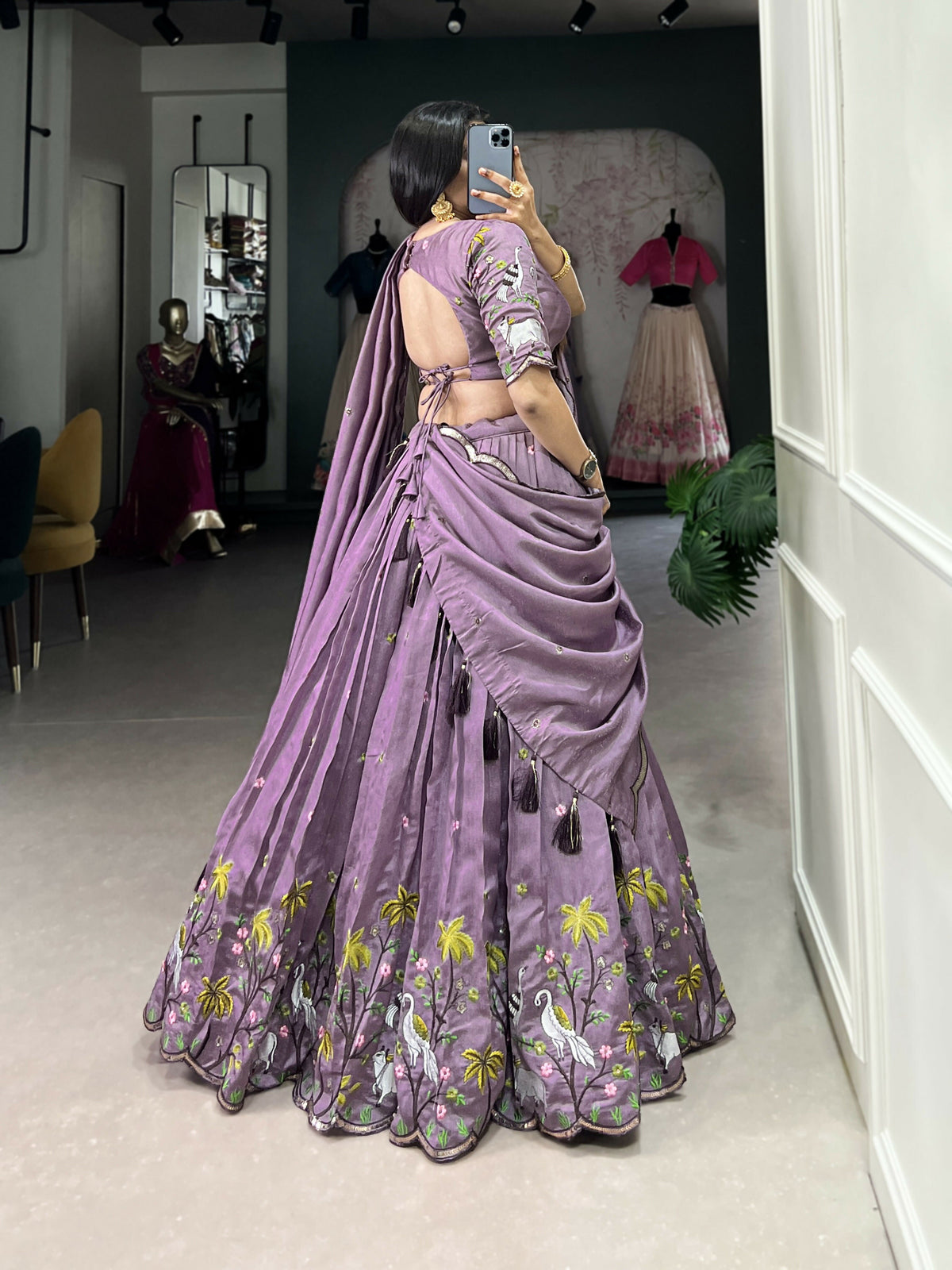 Lorenvalley Lavender Vichitra Simmer Sequins and Thread Embroidery Work Lehenga Choli | Grocsy
