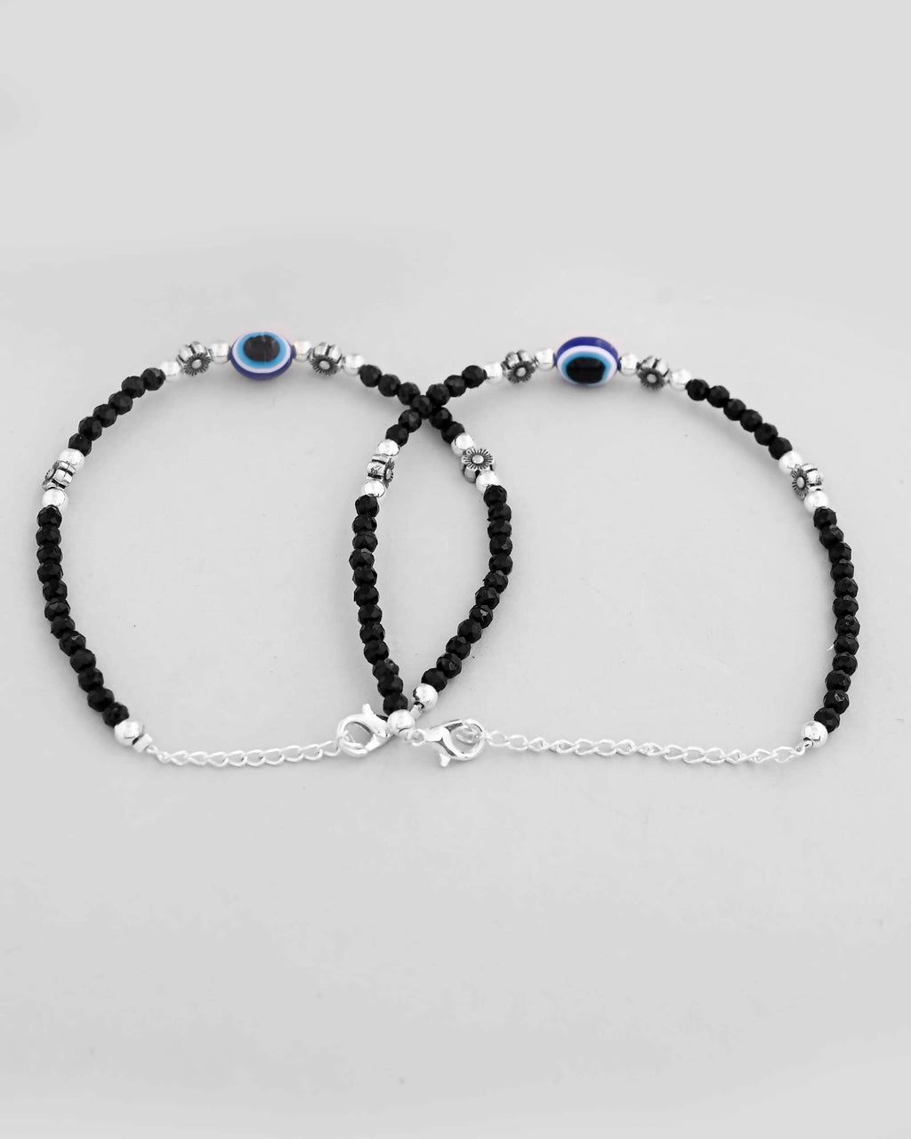 VOJ Set of 2 Evil Eye Black with Flower Shaped Beads Anklet | Grocsy