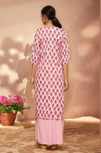Joban Fashion Pink Flower Printed Cotton Kurti With Siqunce In Neck | Grocsy