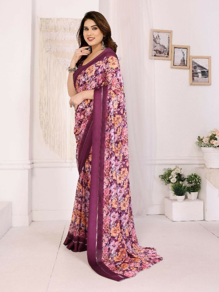 PR Fashion Purple Bright Moss Satin Patta Printed Saree | Grocsy