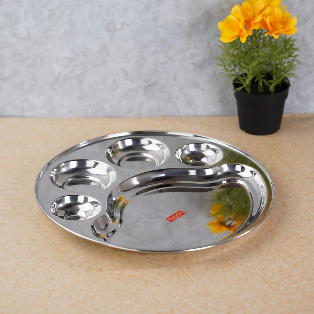 Sumeet Stainless Steel Round 5 in 1 Compartment Lunch/Dinner Plate - Big | Grocsy
