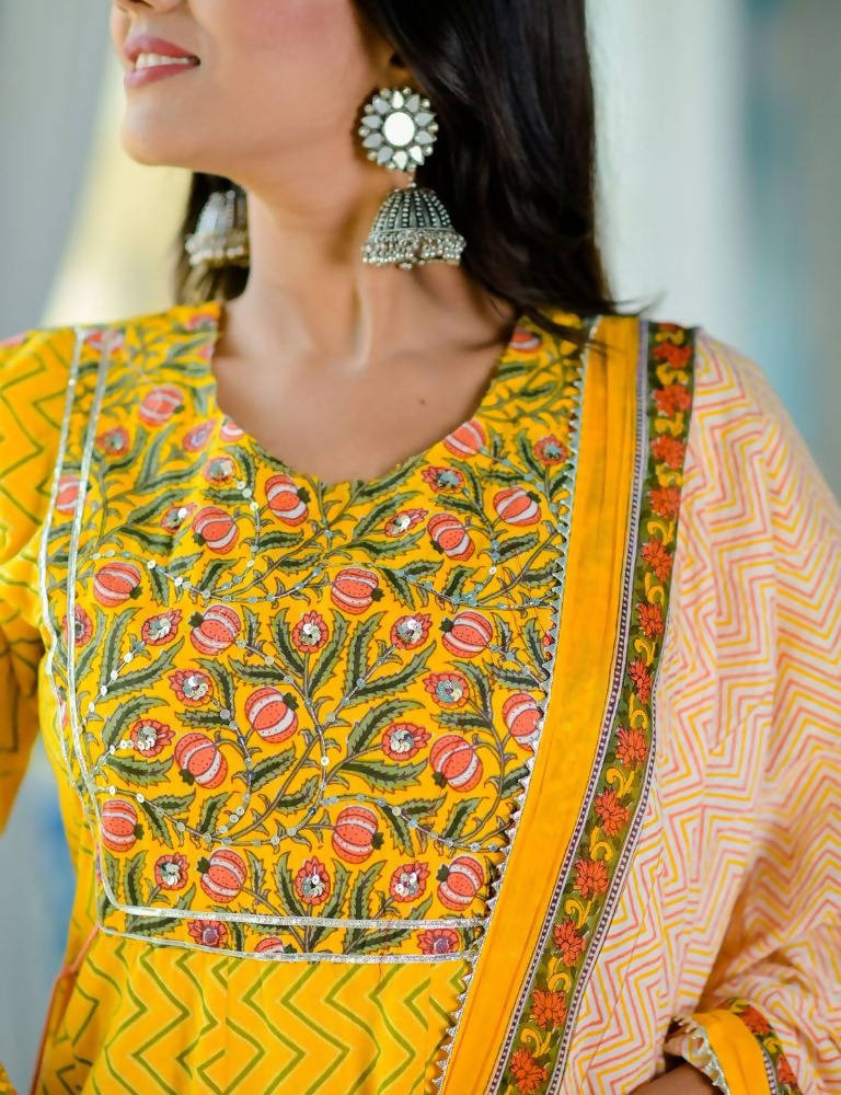Yufta Women Yellow Handblock Anarkali Kurta with Trouser & Dupatta | Grocsy
