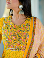 Yufta Women Yellow Handblock Anarkali Kurta with Trouser & Dupatta | Grocsy
