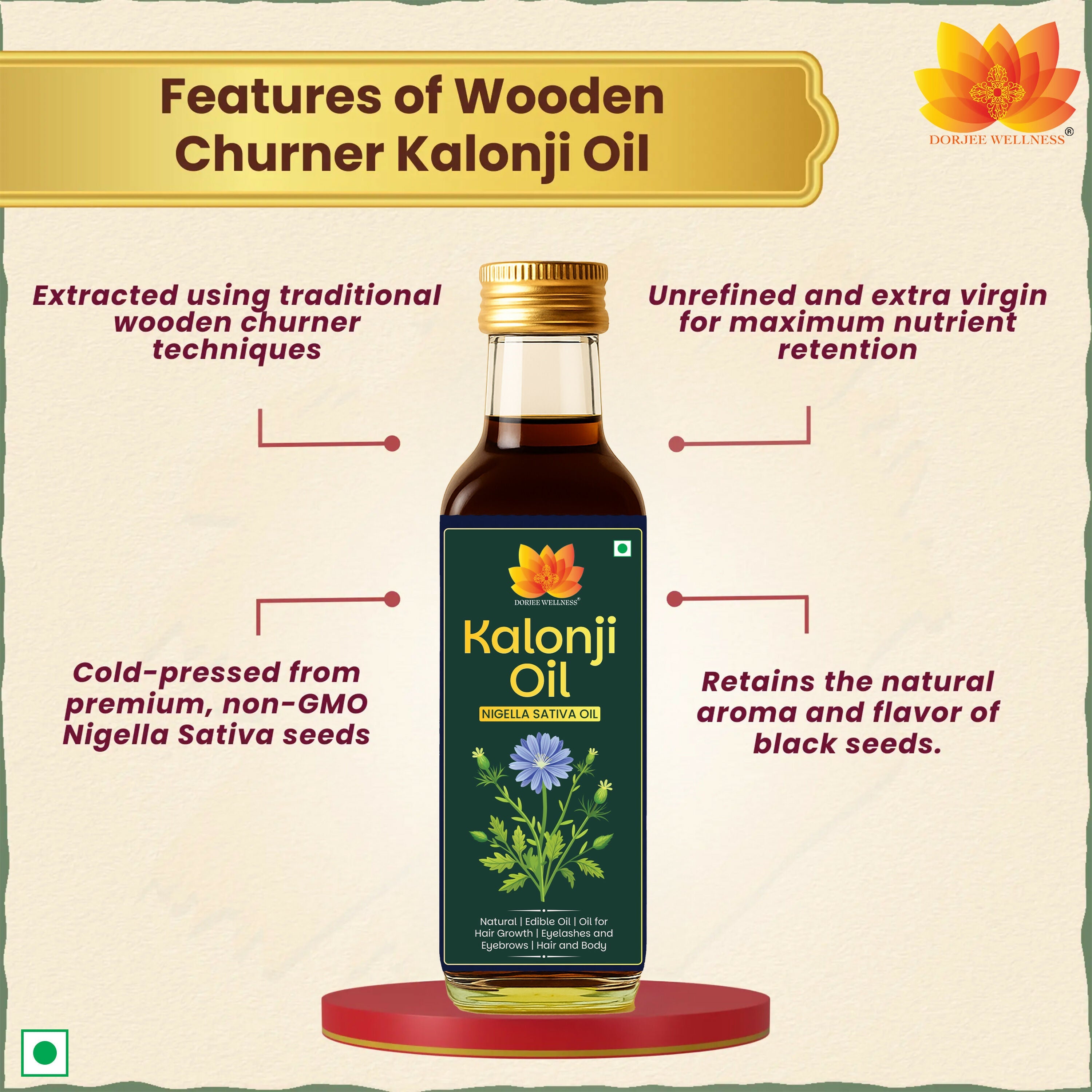 Dorjee Wellness Wood Pressed Kalonji (Black Seed) Oil | Grocsy