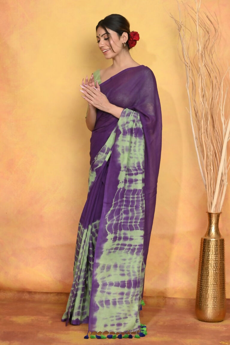 Very Much Indian Tie & Dye Handloom Mul Cotton Saree - Blue Green | Grocsy