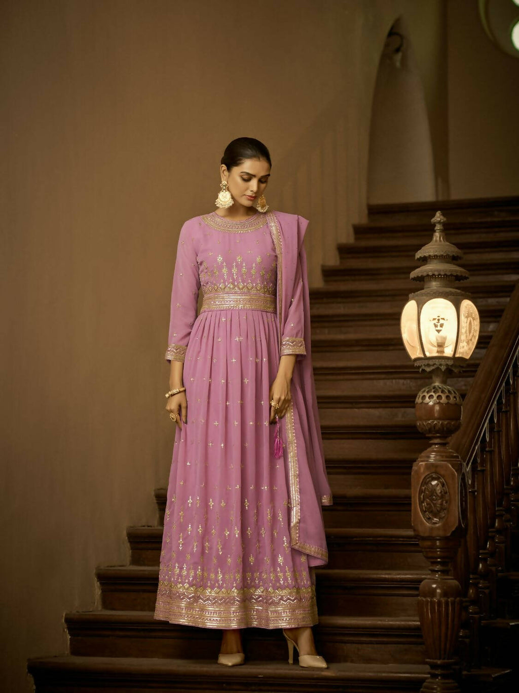 Lavender Heavy Faux Georgette Anarkali Embroidered Kurta Set - Dhvani | Grocsy