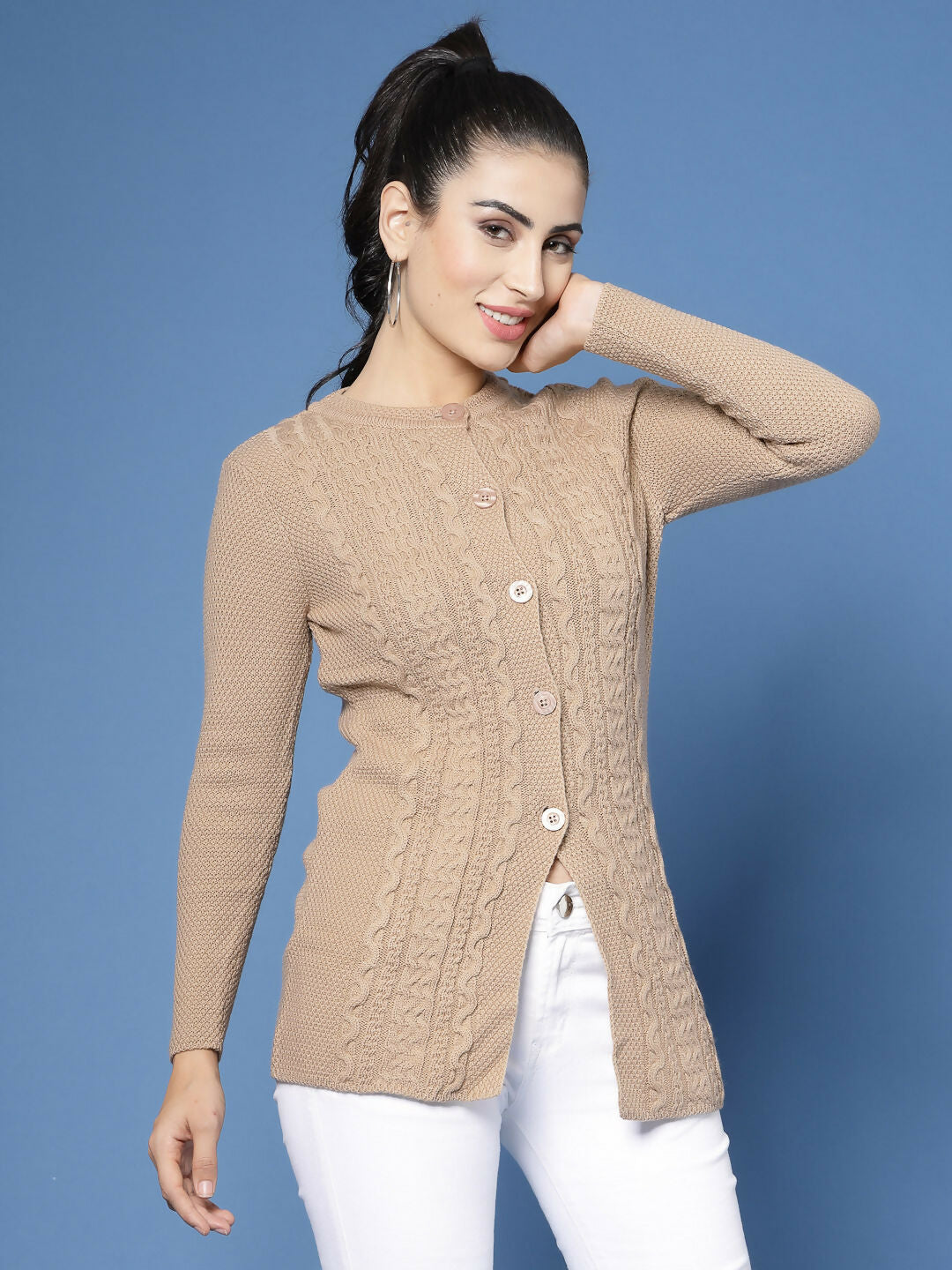 Women Self Design Camel Brown Acrylic Winter Cardigan - Wool Trees | Grocsy