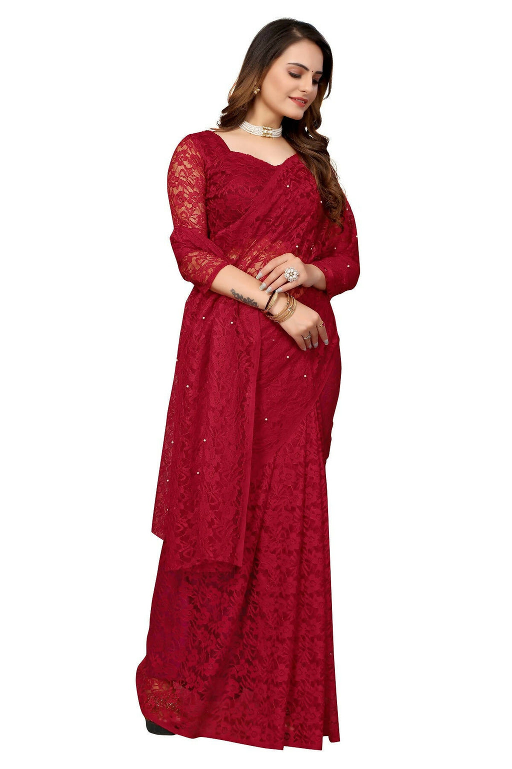 Vamika Maroon Pearls Net Saree | Grocsy