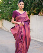 DEIANA'S Beautiful Designer Golden zari Soft Lichi Silk Saree - Purple | Grocsy