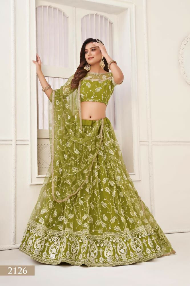 Aastha Fashion Olive Green Butterfly Net White Cotton Thread Work And Sequence Work Embroidery Wedding Wear Lehenga Choli | Grocsy