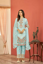 Sky Blue Heavy Faux Georgette Embroidered Semi Stitched Suit - Dhvani | Grocsy
