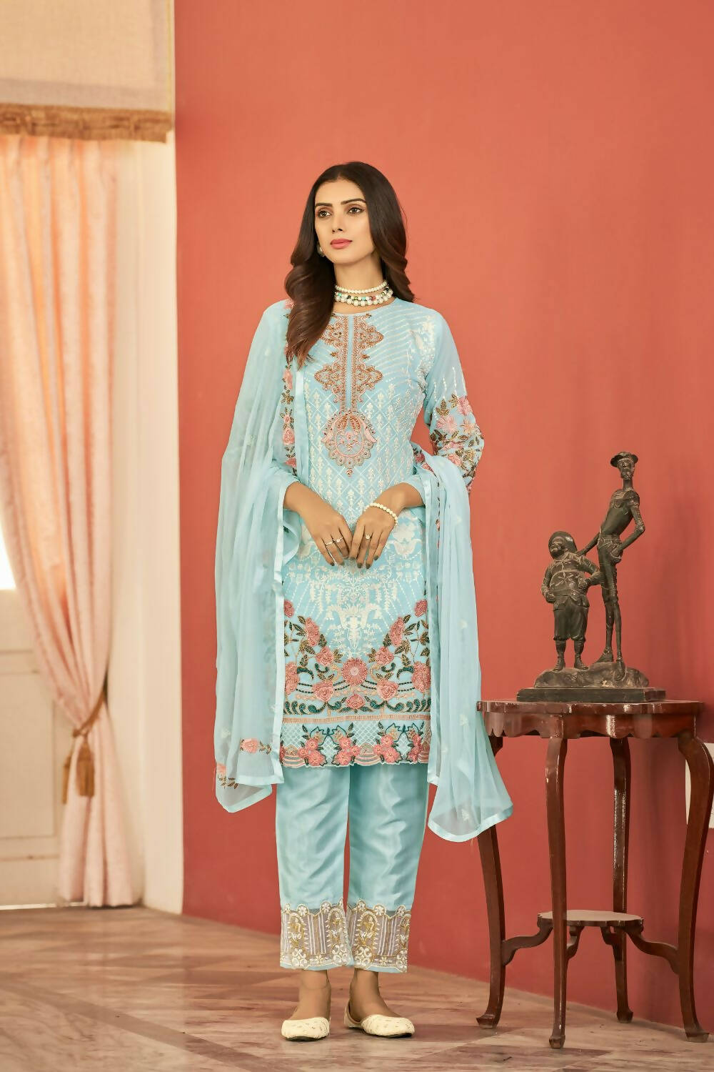 Sky Blue Heavy Faux Georgette Embroidered Semi Stitched Suit - Dhvani | Grocsy