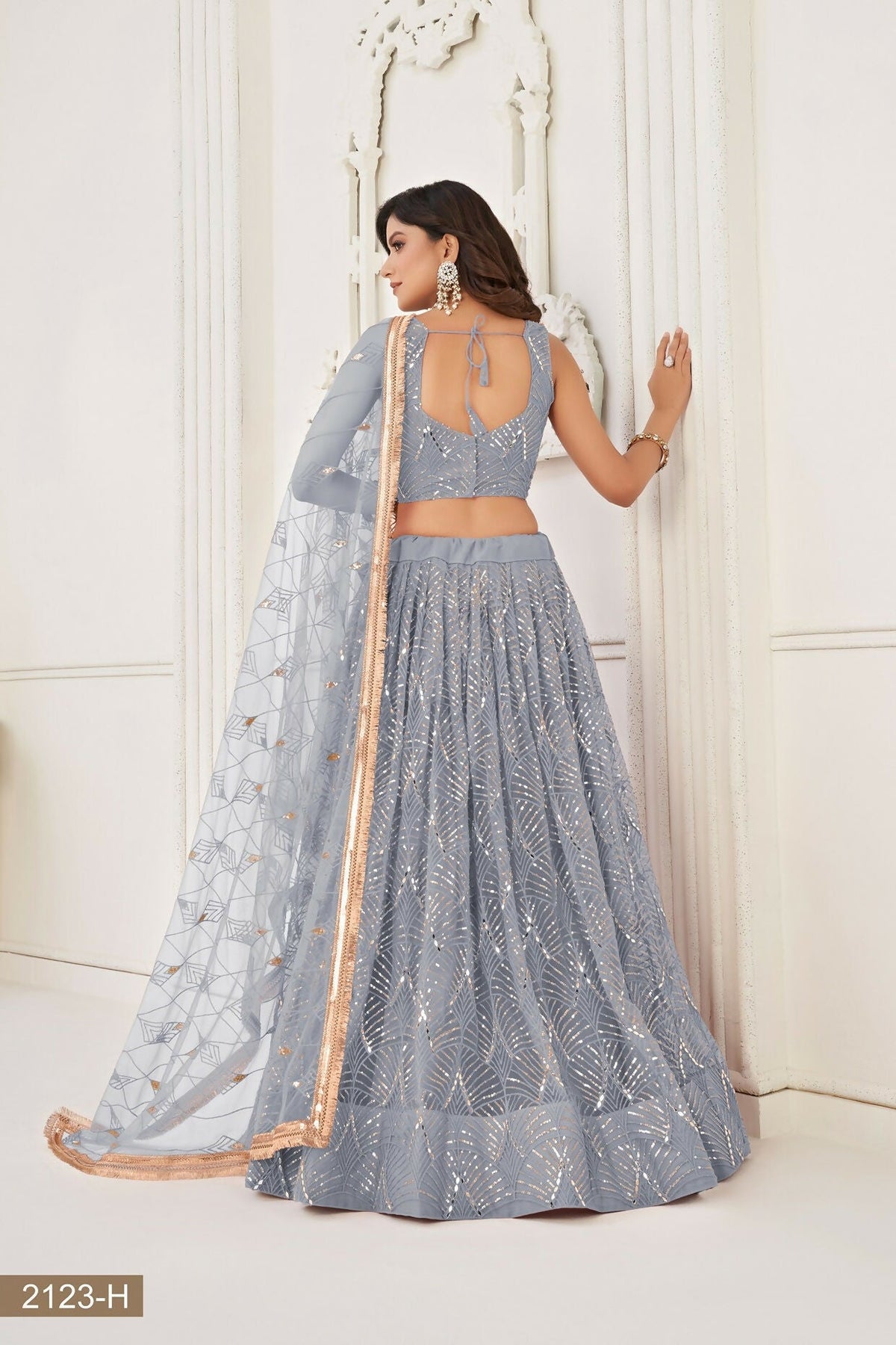 Eilara Glamorous Light Grey Net With Sequins And Thread Embroidery Real Mirror Work Lehenga Choli For Wedding | Grocsy
