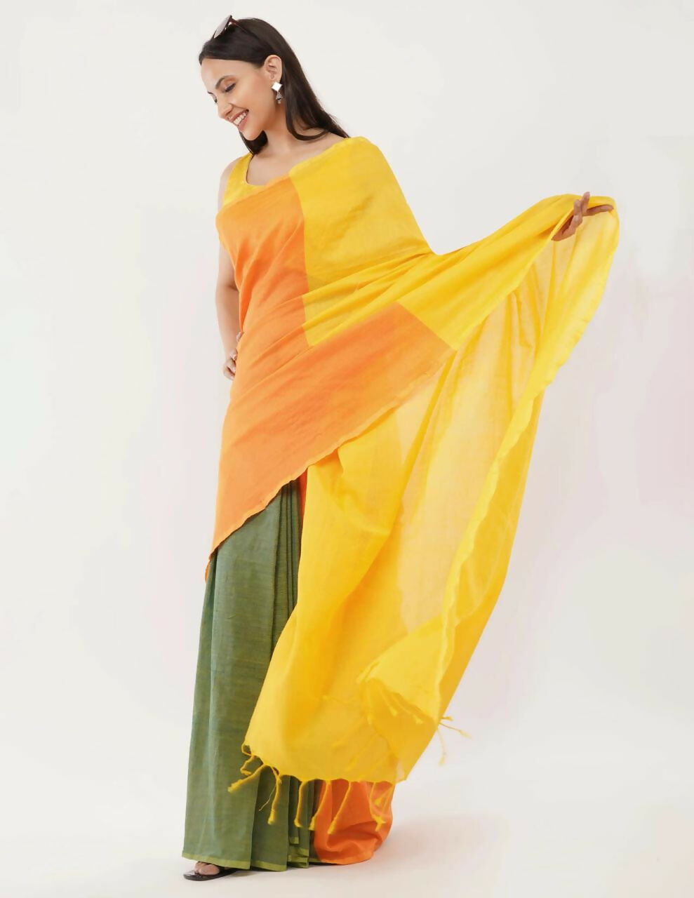 Exclusive Collection Beautiful Khadi Cotton Yellow Orange Green Handloom Saree | Grocsy