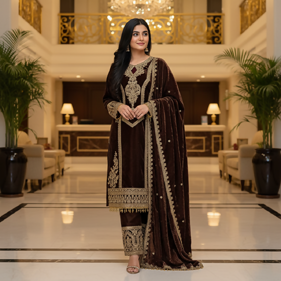 Teeya Creation Coffee Color Velvet Fabric Designer Embroidery Work Suit | Grocsy