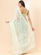 Green Organza Paisely Embroidered Saree with Unstitched Blouse Piece - Roozal | Grocsy