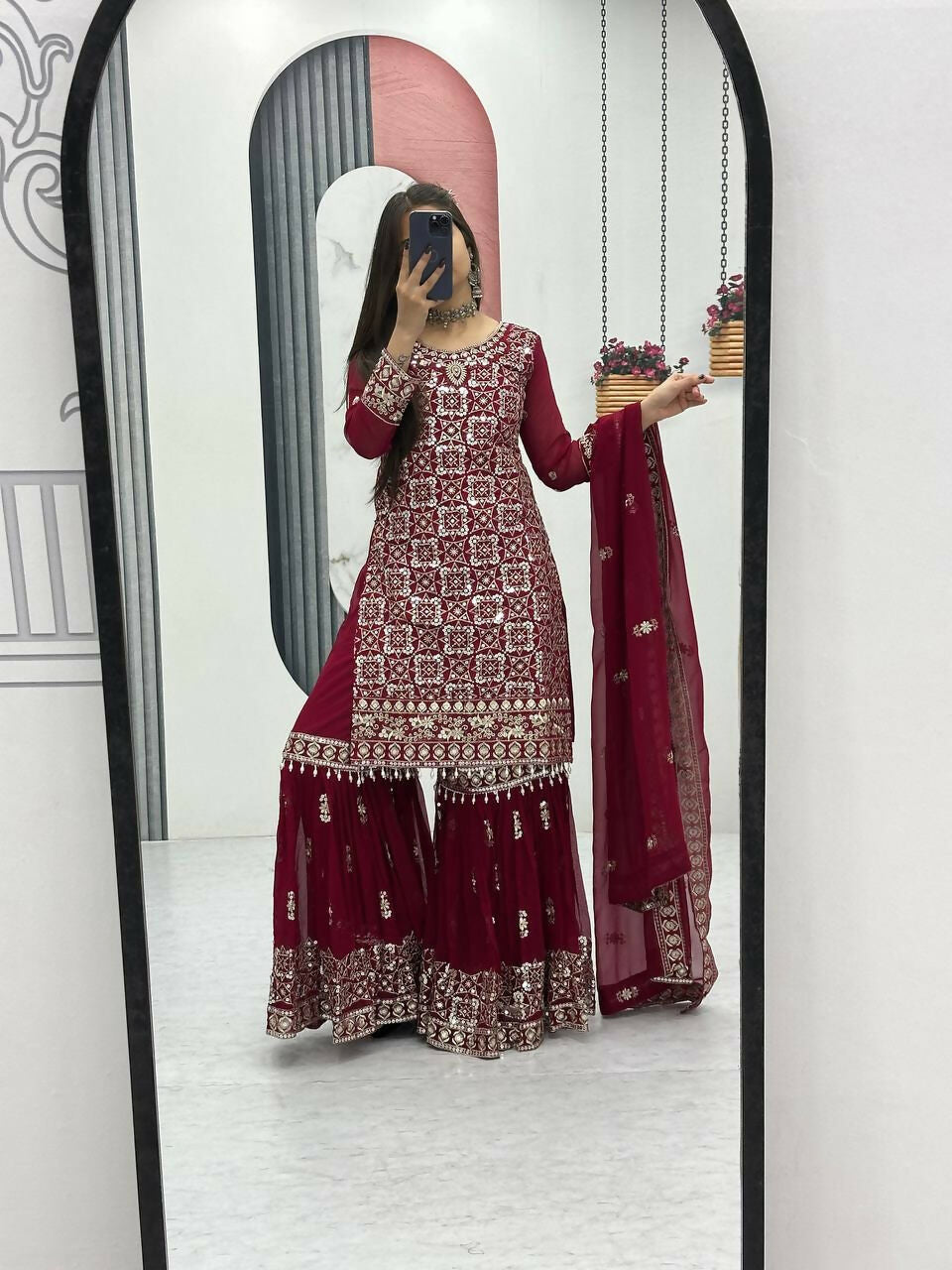 Teeya Creation Womens New Heavy Fox Georgette Fabric With Heavy Embroidery Work Red Kurta Set | Grocsy
