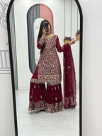 Teeya Creation Womens New Heavy Fox Georgette Fabric With Heavy Embroidery Work Red Kurta Set | Grocsy