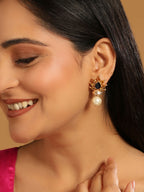 Nuyug 22K Gold Plated Pearl & Crystal Studded Contemporary Floral Stud Earrings | Grocsy