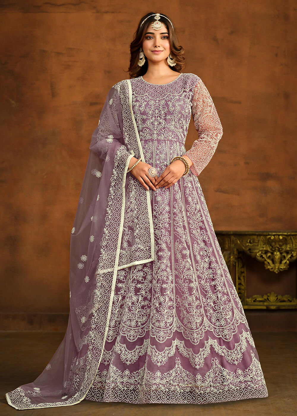 Purple All Over Embroidered Net Wedding Anarkali Suit - Emponline | Grocsy