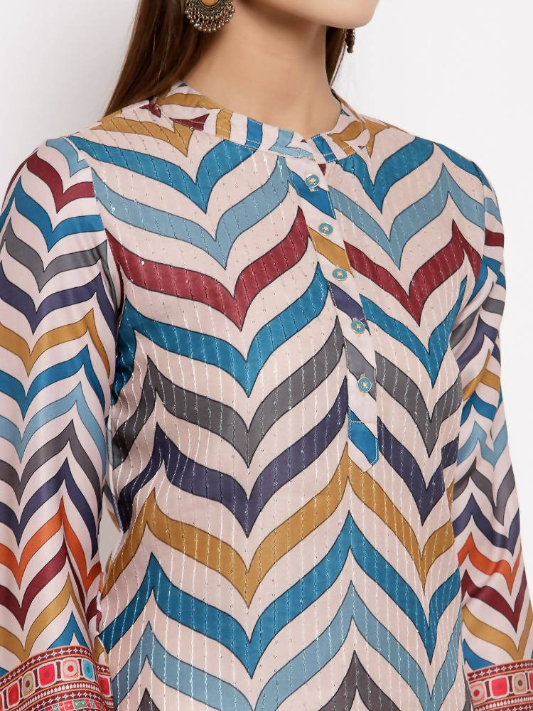 Myshka Women's Multi Silk Printed 3/4 Sleeve Round Neck Casual Kurta | Grocsy