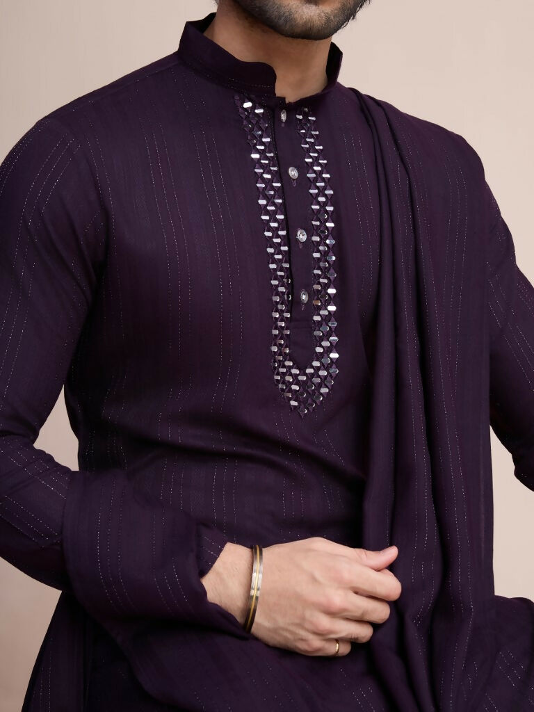 Vastranavya Traditional Festival Wear Viscose Thread & Sequence Embroidered Work Kurta Pant Set - Purple | Grocsy