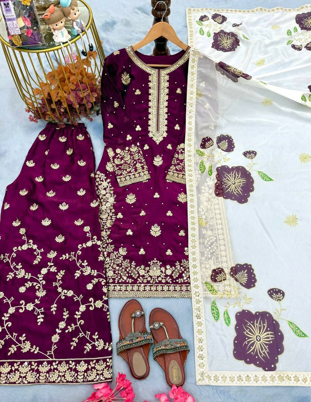 Teeya Creation Wine Fendy Silk Beads Work Designer Wedding Wear Salwar Suit | Grocsy