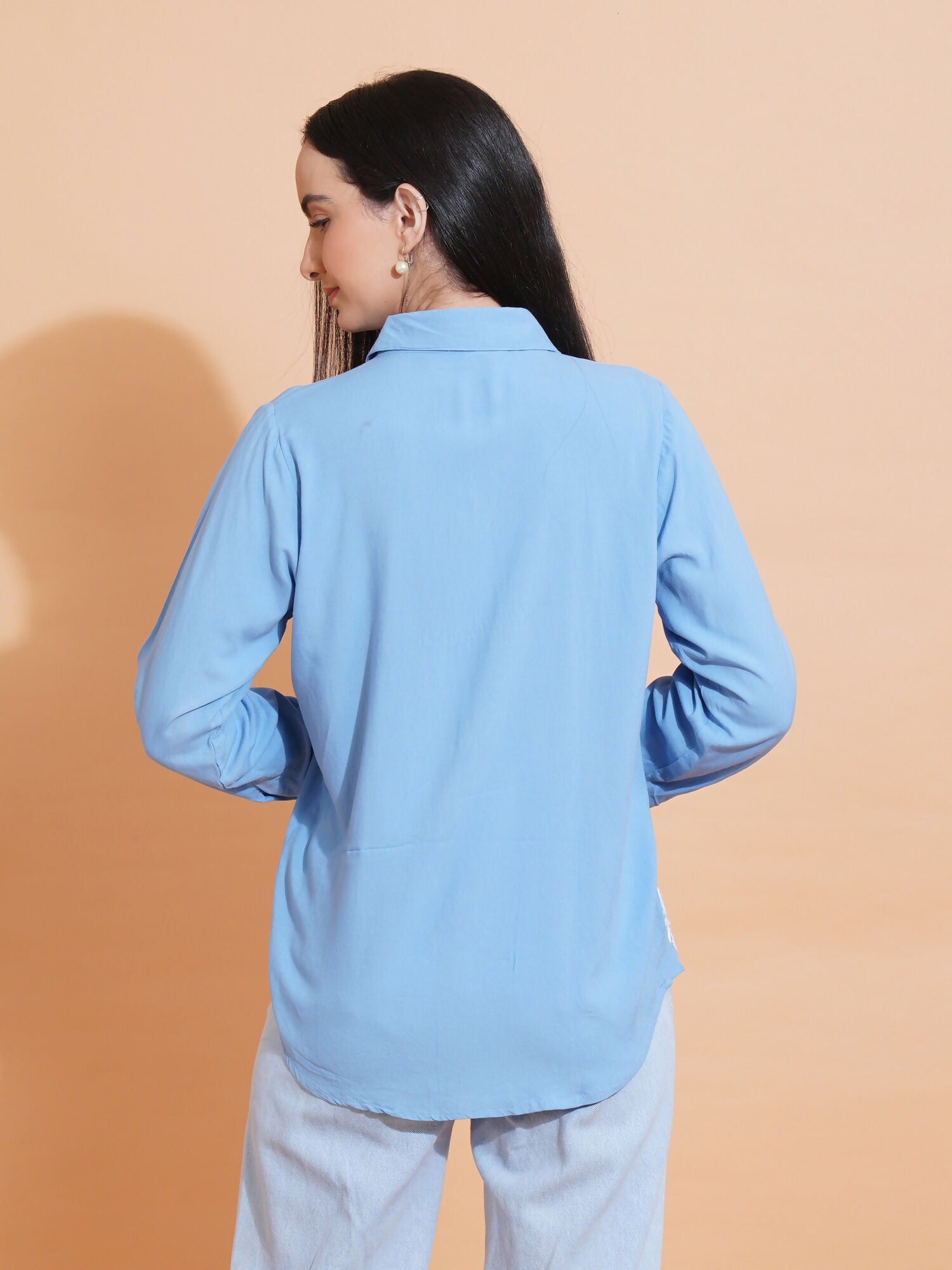 Pahnaz Modal Chikankari Handwork Shirt-Blue | Grocsy