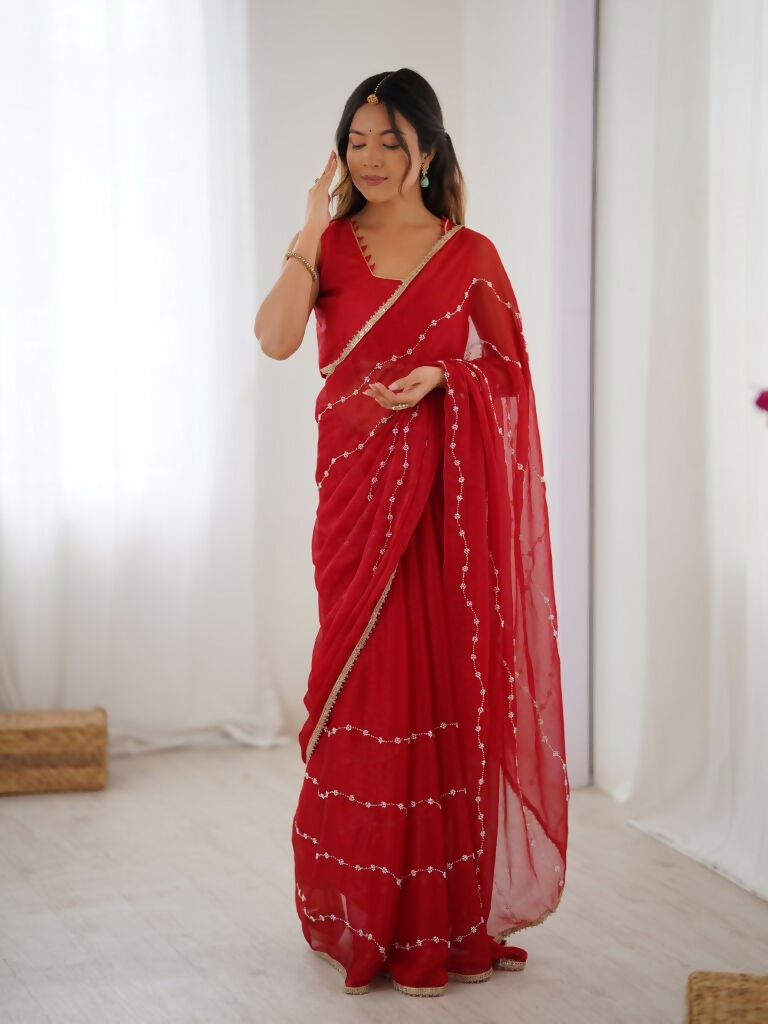 Red Sitara Chiffon Designer Beads Moti,Val Sequence Work Saree - Noorie | Grocsy