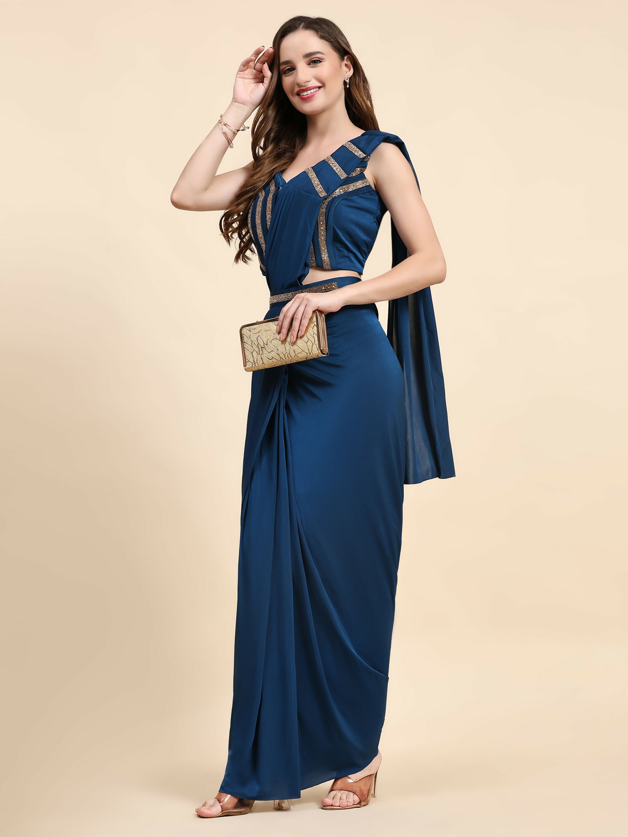 Blue Polyester Solid Ready to Wear Saree with stitched Blouse - Nita | Grocsy