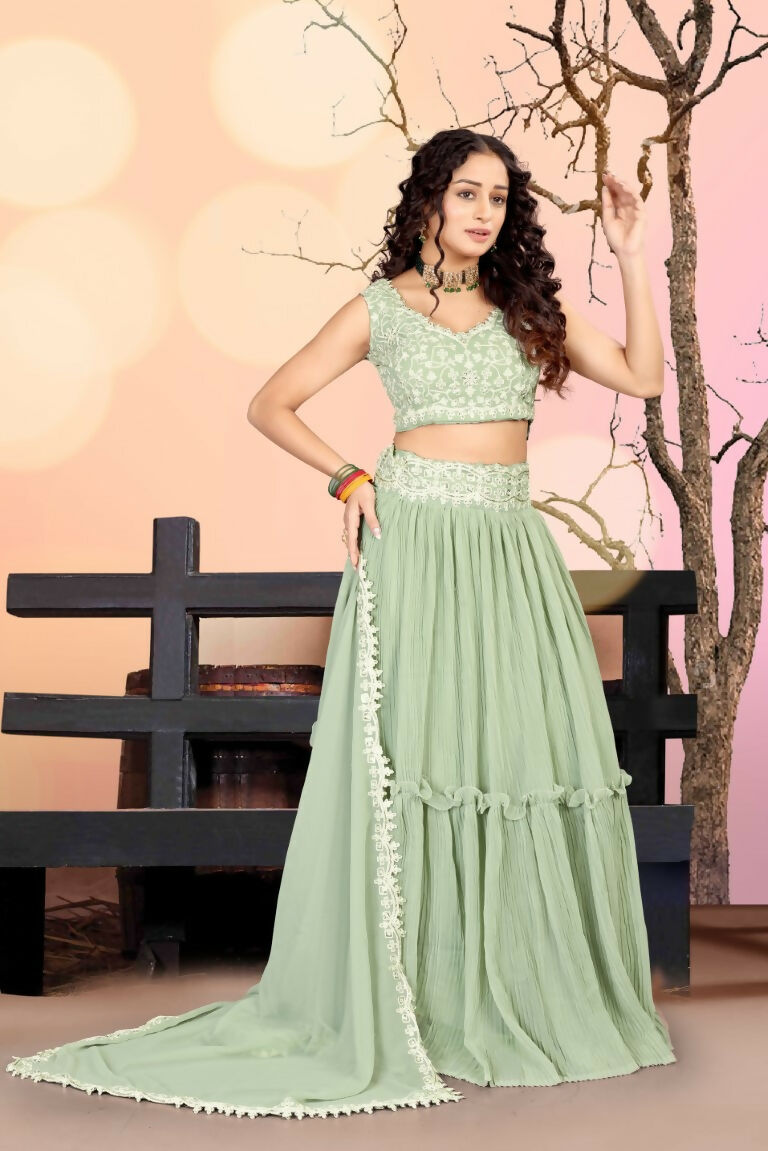 Jyoti Fashion Sea Green Two Tier Crush Georgette Lehenga Choli with Dupatta | Grocsy
