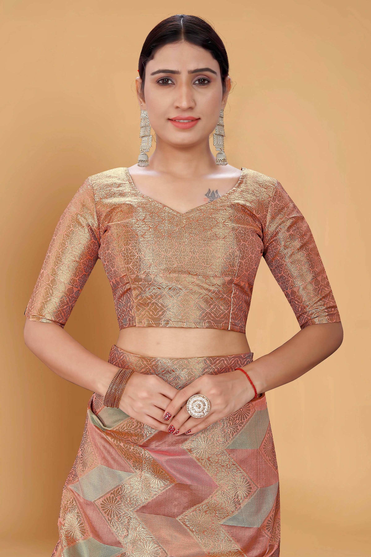 Peach Soft Organza Woven Design Saree With Unstitched Blouse Piece - Zaara | Grocsy