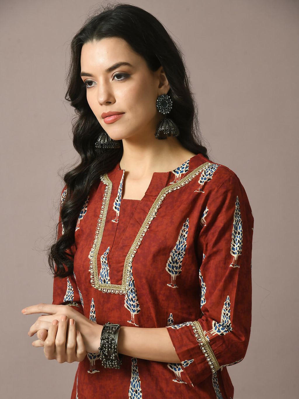 Myshka Women's Rust Printed Cotton Straight Party Kurta Set | Grocsy