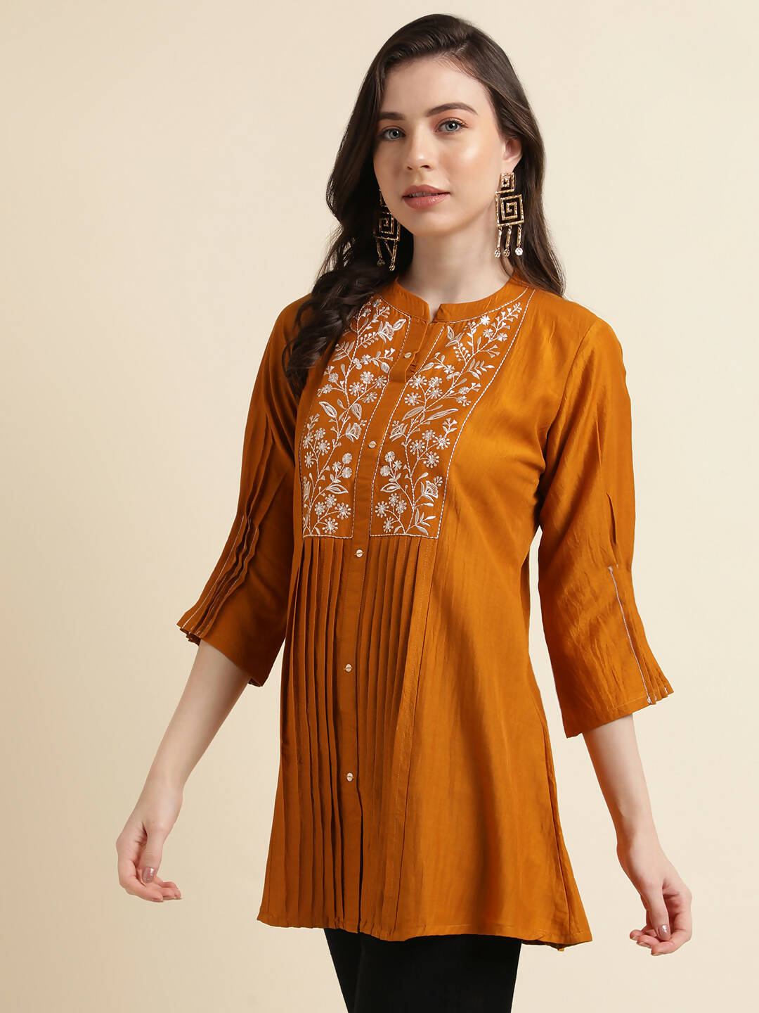 Mustard Chinon Yoke Embroidered A-line Top - Tarini | Grocsy
