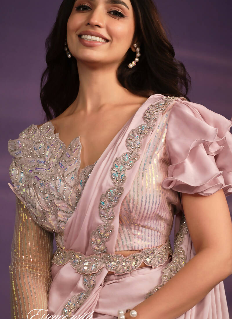 Pink Crepe Satin Silk Embroidered Saree With Stitched Blouse - Mohmanthan Exotica | Grocsy