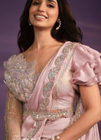 Pink Crepe Satin Silk Embroidered Saree With Stitched Blouse - Mohmanthan Exotica | Grocsy