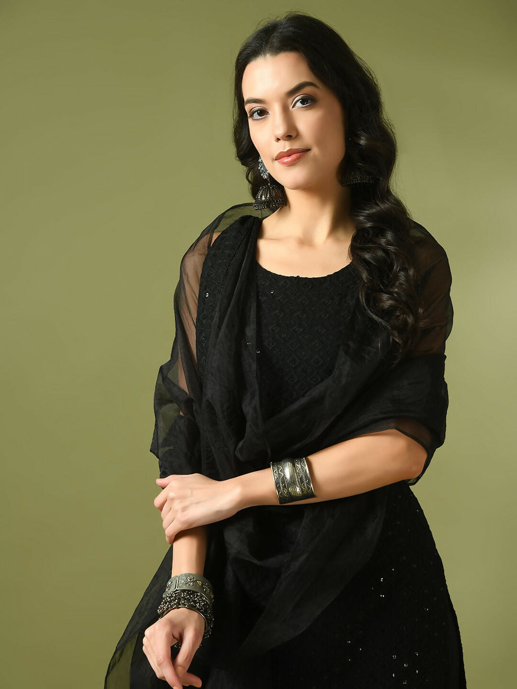 Myshka Women's Black Embroidered Cotton Straight Party Kurta Set With Dupatta | Grocsy