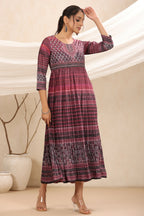 Juniper Purple muslin maxi dress with ethnic motif print with sequins & beads work | Grocsy