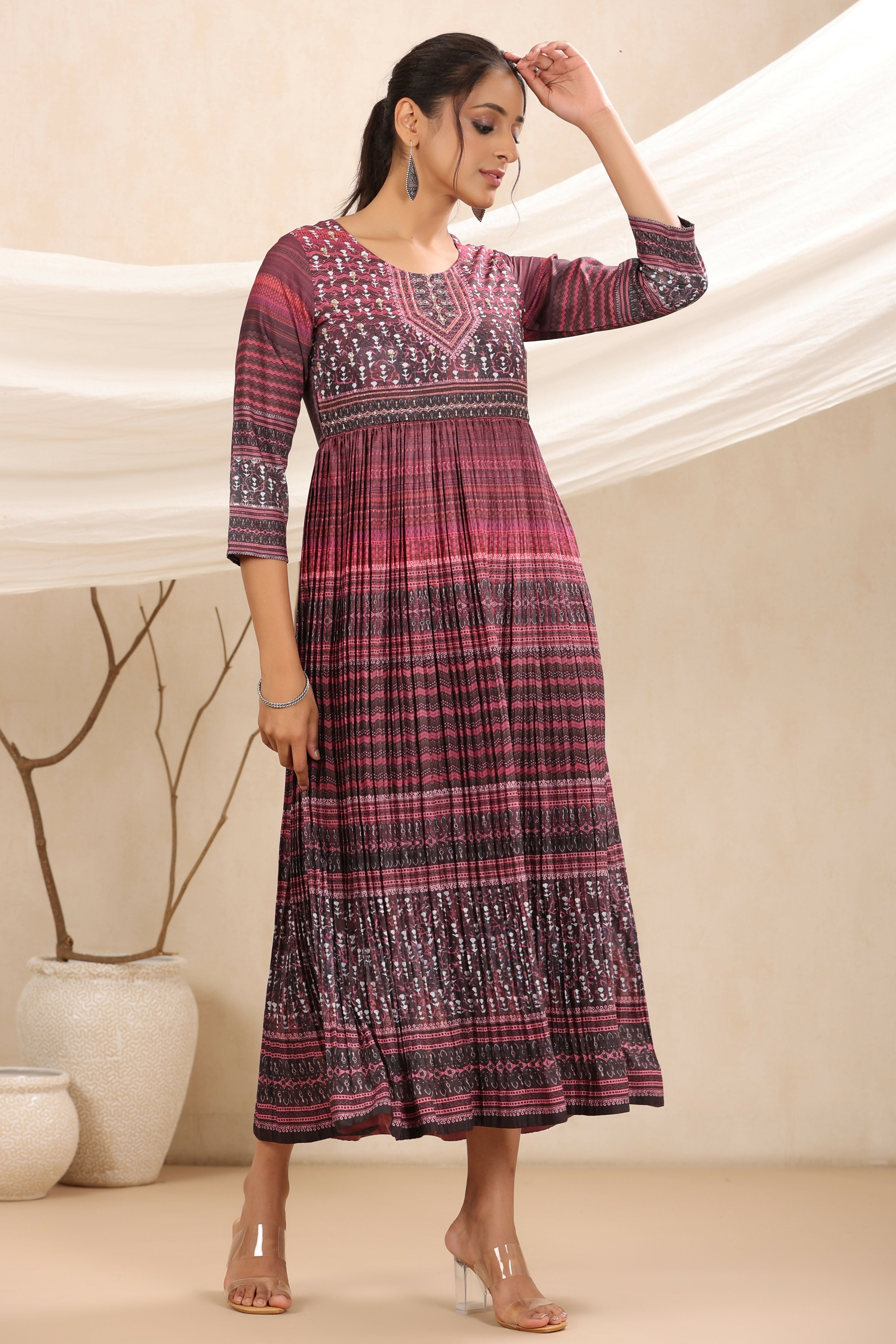 Juniper Purple muslin maxi dress with ethnic motif print with sequins & beads work | Grocsy