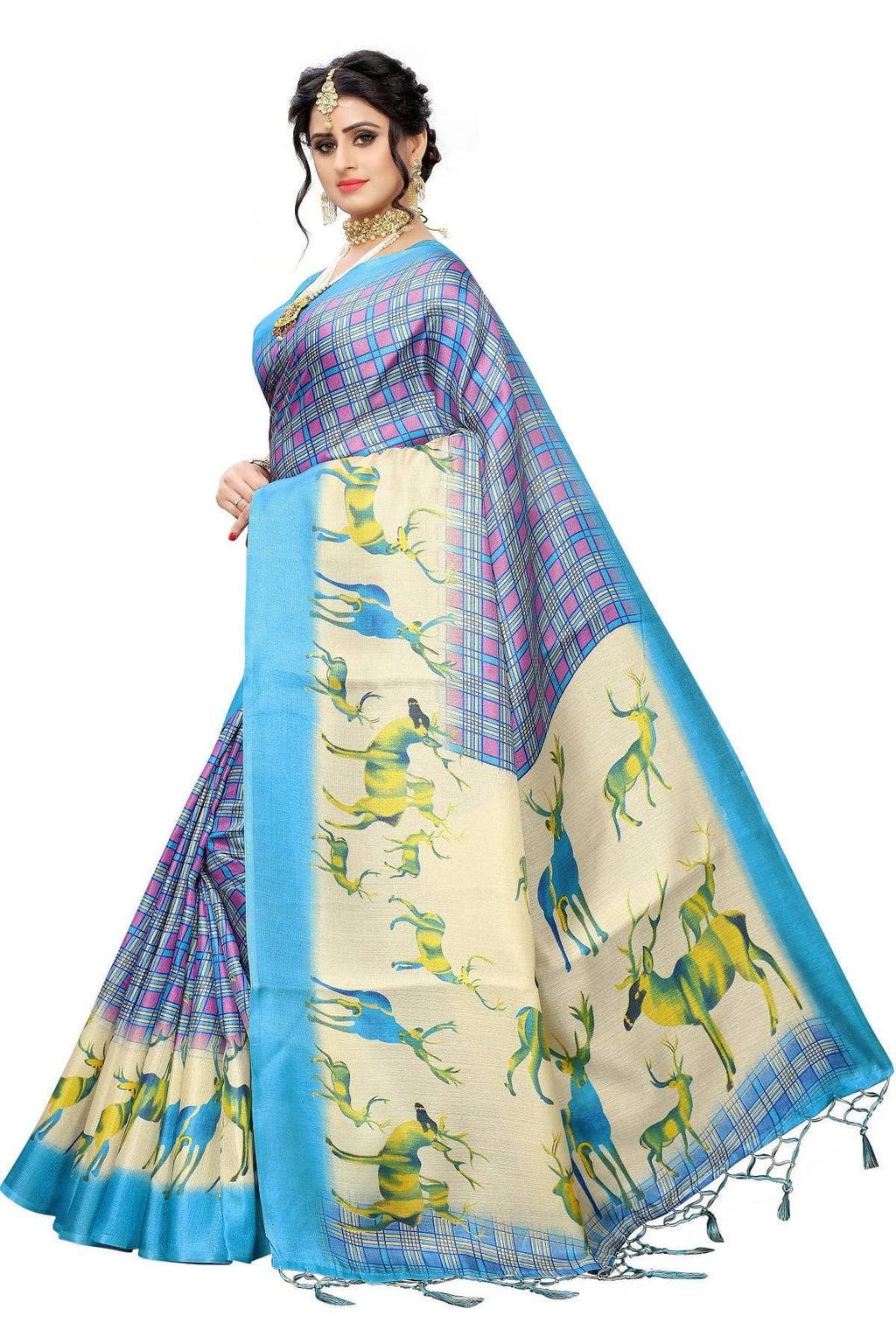 Vamika Multicolor & Sky Blue Kalamkari With Jhalar Khadi Silk Saree | Grocsy