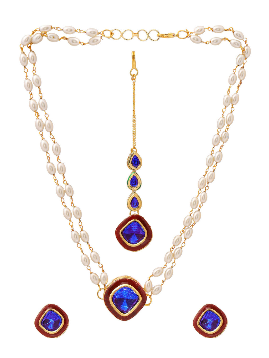 Ruby Raang Blue and Red Meenakari Kundan Necklace with Earrings & Maang Tikka | Grocsy