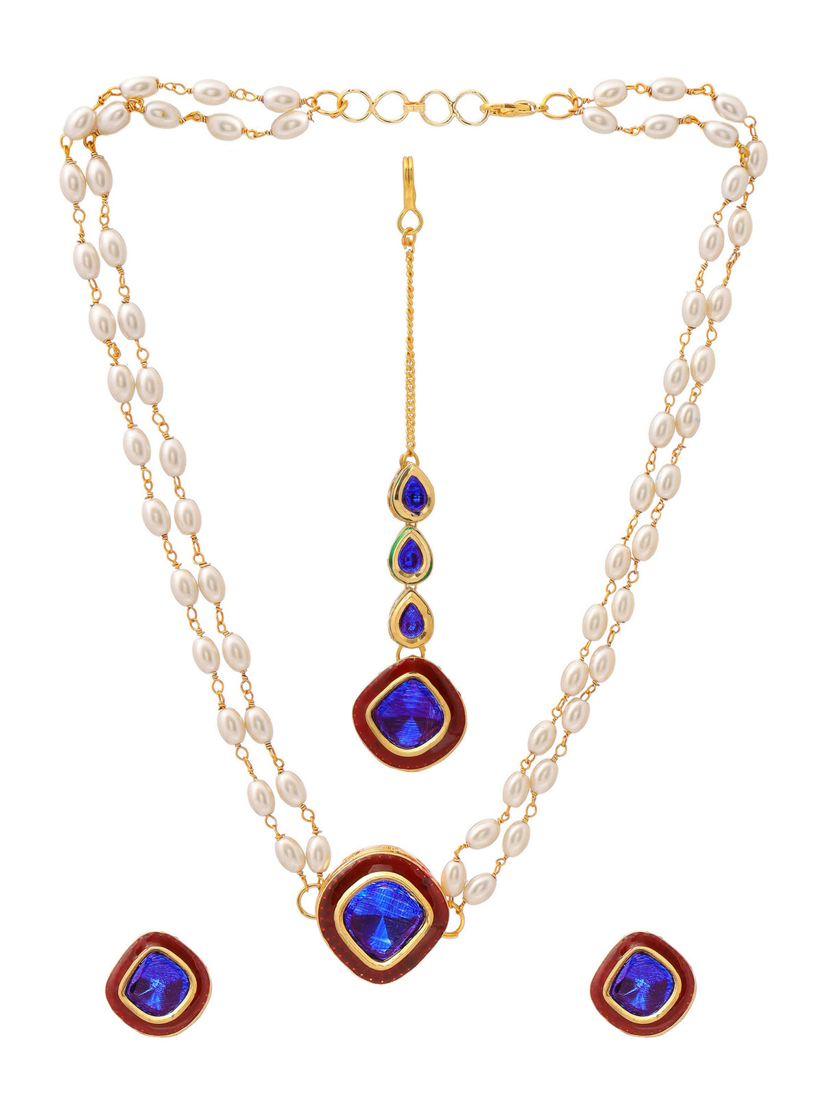 Ruby Raang Blue and Red Meenakari Kundan Necklace with Earrings & Maang Tikka | Grocsy