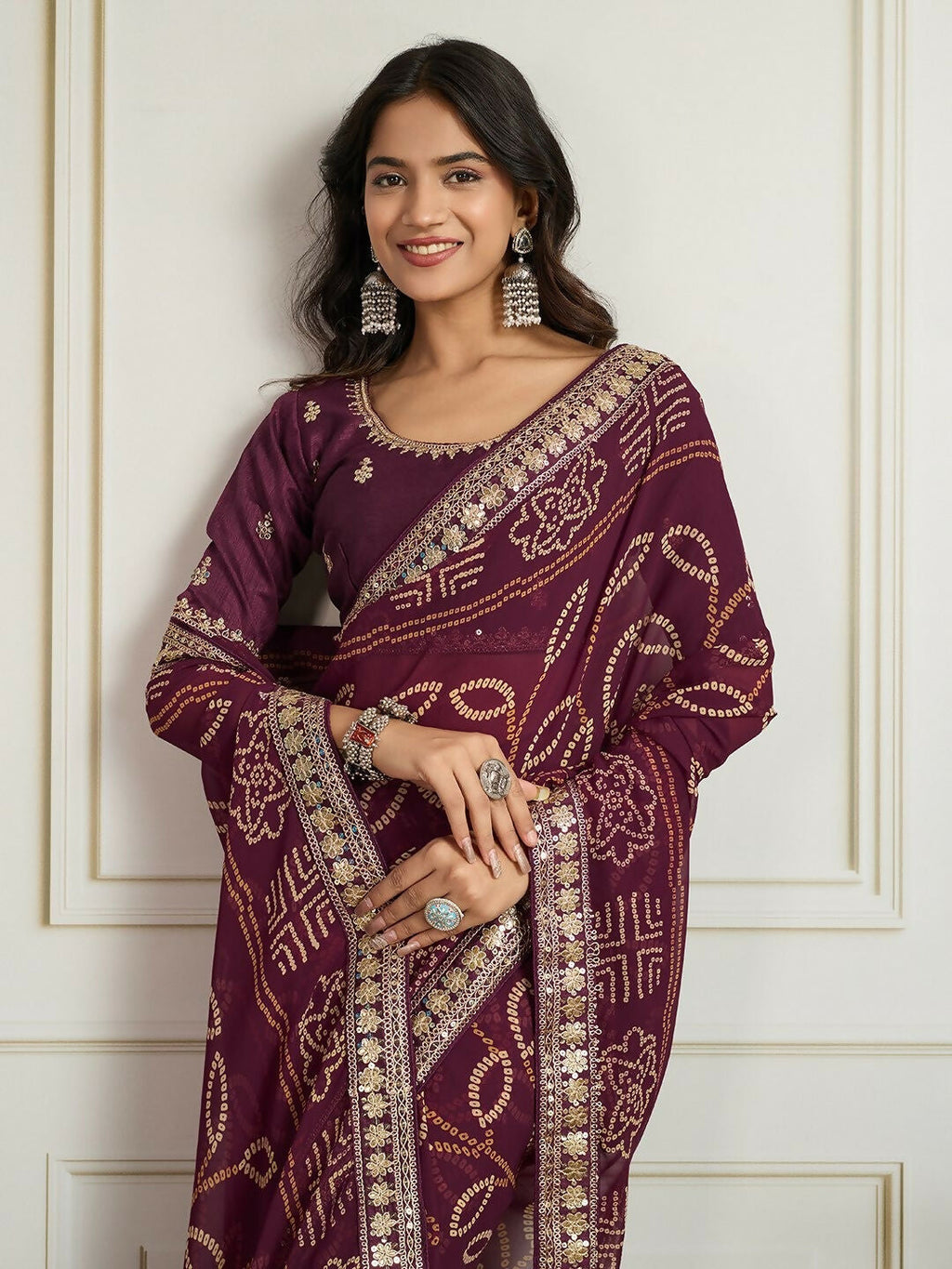 Ai Fashion Wine Georgette Rajwadi Bandhani Print Party Wear Saree | Grocsy