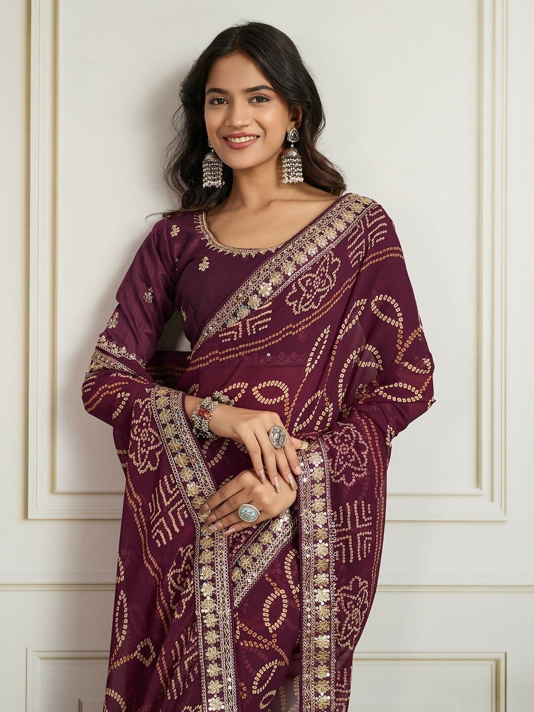 Ai Fashion Wine Georgette Rajwadi Bandhani Print Party Wear Saree | Grocsy
