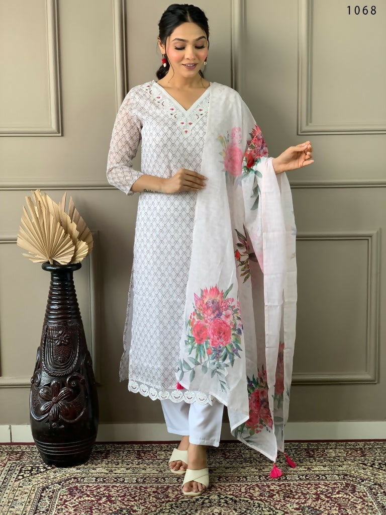 Partywear Designer Linen Cotton with cotton lining Offwhite Stitched Suit With Dupatta - Tanisha | Grocsy