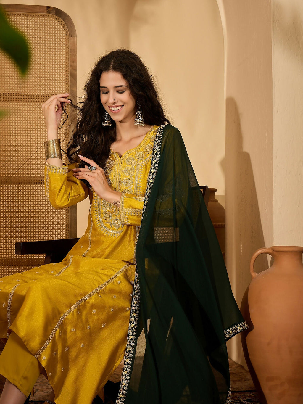 Joban Fashion Embroidery Mustard Vichitra Silk Kurta Set | Grocsy